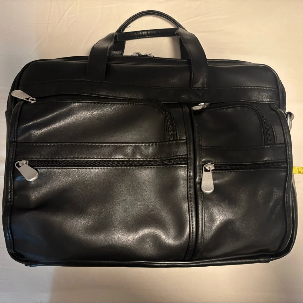 Men's Black Flux Leather Computer Briefcase with Front Organizer Pockets